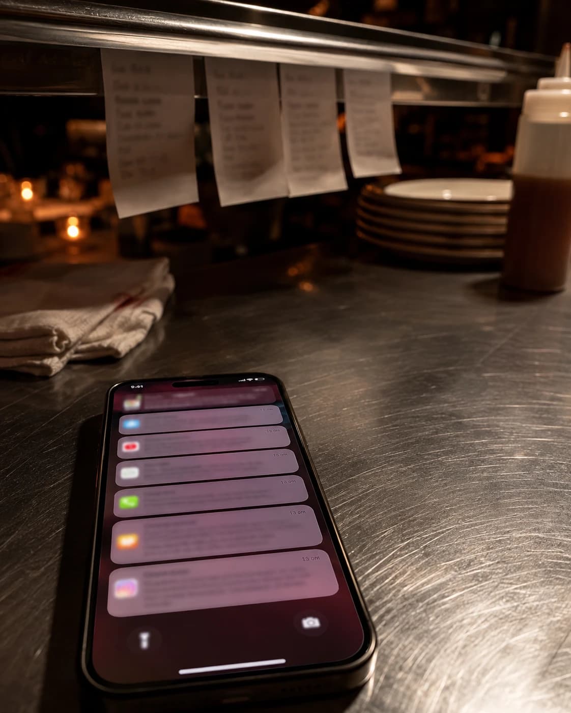 A phone face-up on the kitchen pass beside a rail of order tickets during service